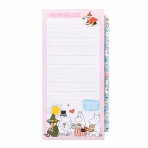 Moomins magnētisks iepirkumu saraksta bloknots ledusskapim ar zīmuli, 10 × 21 cm