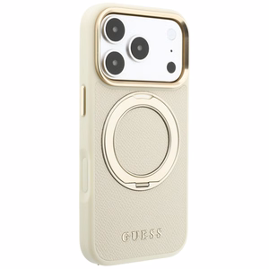 Guess Grained Classic Logo vāciņš modelim iPhone 18 Pro / 17 Pro, ar 360° gredzenu-statīvu, saderīgs ar MagSafe – bēšs