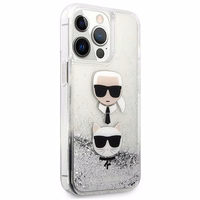 Karl Lagerfeld Šķidrs Glitter Karl&Choupette Galvas viedtālruņa apvalks iPhone 13 Pro / iPhone 13 - sudraba