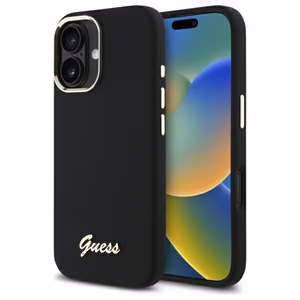 Guess silikona vāciņš ar metāla logotipu un metāla rāmi iPhone 16 Plus - melns