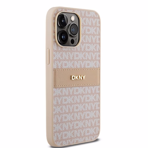 DKNY Ādas mono svītra un metāla logotips viedtālruņa apvalks iPhone 14 Pro Max - rozā