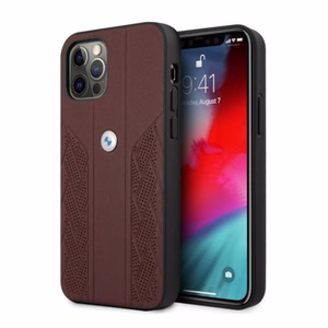 BMW Ādas izliekts perforēts viedtālruņa apvalks iPhone 12 Pro Max - sarkans
