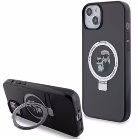 Karl Lagerfeld KLHMP15SHMRSKCK iPhone 15 6.1" melns/melns cietais apvalks ar gredzena statīvu Karl&Choupette Magnētiskais