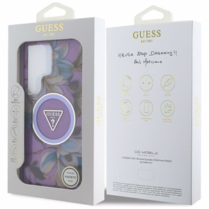 GUESS apvalks SAMSUNG S25 Ultra GUHMS25LHFLPEDU (Magnētiskais IML metāla spīdums ziedu trīsstūris) violeta
