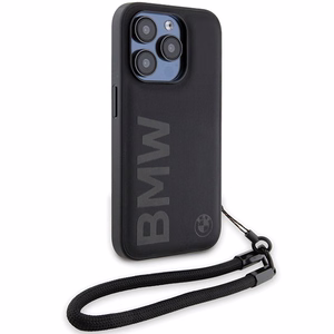 BMW paraksta ādas vārdu siksna viedtālruņa apvalks iPhone 15 Pro Max - melns