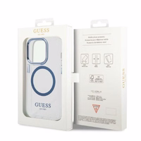 Guess GUHMP14XHTRMB iPhone 14 Pro Max 6.7" zils cietais viedtālruņa apvalks ar metāla kontūru, magnētiskais (MagSafe)