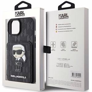 Karl Lagerfeld Saffiano Cardslots and Stand Monogram Ikonik Patch Viedtālruņa apvalks iPhone 15 - melns
