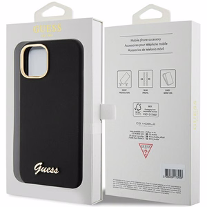 Guess silikona viedtālruņa apvalks ar metāla logo un rāmi iPhone 15 - melns