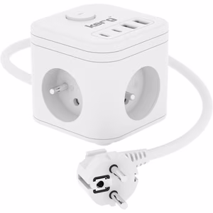KERG 3 ligzdu barošanas kubs + USB-A+USB-C lādētājs 1.5m 3×1.5mm2 H05VV-F 16A/250V~ Smart balts