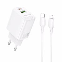 Borofone sienas lādētājs BN27 Fuente - USB + Type C - QC 3.0 PD 20W ar Type C uz Lightning kabeli balts