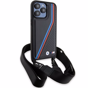 BMW M Edition oglekļa trīskrāsu līnijas un siksna viedtālruņa apvalks iPhone 15 Pro - melns