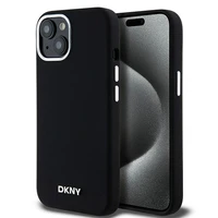 DKNY apvalks no šķidrā silikona MagSafe viedtālrunim iPhone 15 Plus / 14 Plus ar metāla logotipu - melns (m)