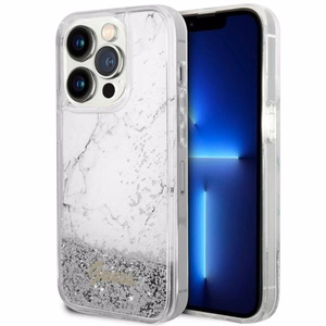 Guess GUHCP14LLCSGSGH iPhone 14 Pro 6.1" balts cietais viedtālruņa apvalks ar šķidro spīdumu marmora dizains