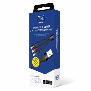 3mk Hyper Cable N-SERIES 3 in 1 USB-A / Lightning / Micro 1.2m 9V/2A 18W - melns