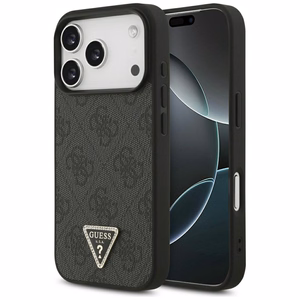 Guess Leather 4G Triangle Strass MagSafe vāciņš iPhone 18 Pro / 17 Pro – melns