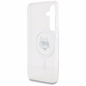 Viedtālruņa apvalks Karl Lagerfeld Poga Choupette Galva Drukāts Logotips Magnētiskais Samsung Galaxy S25 balta