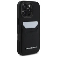 Karl Lagerfeld HC Graudainā PU viedtālruņa apvalks ar kartes slotu un metāla Elong iPhone 16 Pro Max - melns