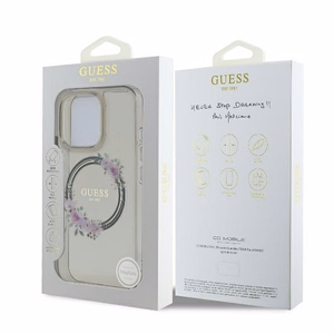 Guess IML Ziedu vainaga Magnētiskais viedtālruņa apvalks iPhone 16 Pro - melns