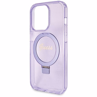 Guess Magnētiskā viedtālruņa apvalks ar gredzena statīvu Script Glitter MagSafe iPhone 14 Pro Max - violeta