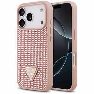 Guess viedtālruņa apvalks iPhone 17 Pro ar krištolisku trikampja logotipu - rozā