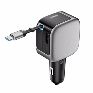 Cuktech CC903P 100W Car Charger with Display and 70cm Retractable USB-C Cable - Gray