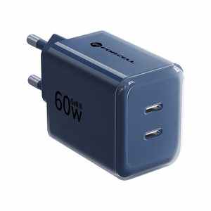 Tālruņa lādētājs Forcell F-Energy GaN III Crystal Color, 2x USB C, AVS, SSFC3.0, 60W + silikona kabelis USB C uz USB C VT-60, tumši zils