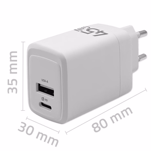 Qoltec 51825 GaN 45W lādētājs, 5-20V, 1.5-3A, 1 x USB-C PD, 1x USB QC 3.0, balts