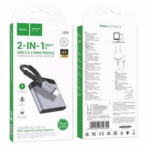 Adapteris AUX 2in1 USB C uz USB C / Jack 3,5 mm Hoco 27W LS39 pelēks