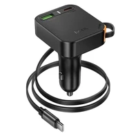 Automobiļa lādētājs Hoco ar ievilkamu kabeli 2 x USB C + USB A QC PD 65W NZ18 melns