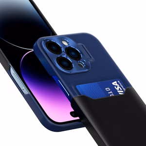 Ādas viedtālruņa apvalks ar statīvu iPhone 14 Plus, kartīšu maciņa tipa, zils