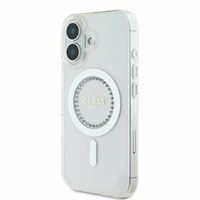 Guess IML Rhinestones magnētiskais viedtālruņa apvalks iPhone 16 - balts