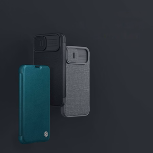 Nillkin Qin auduma apvalks iPhone 14 Plus ar kameras vāciņu un maciņu zils