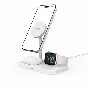 Tech-Protect QI15W-A22 MagSafe indukcijas lādētājs ar 3in1 MagSafe statīvu viedtālrunim / Apple Watch / AirPods - balts