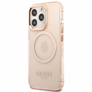 Guess GUHMP13LHTCMP iPhone 13 Pro / 13 6.1" rozā/rozā cietais viedtālruņa apvalks ar zelta kontūru, caurspīdīgs Magnētiskais MagSafe