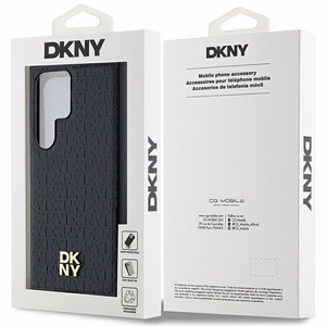 DKNY Ādas raksta metāla logotips Magnētiskais viedtālruņa apvalks Samsung Galaxy S24 Ultra - melns