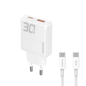 GaN Dudao A30EUT 30W USB-A / USB-C sienas lādētājs + USB-C - USB-C kabelis - balts