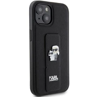 Karl Lagerfeld Gripstand Saffiano Karl&Choupette Pins viedtālruņa apvalks iPhone 15 - melns