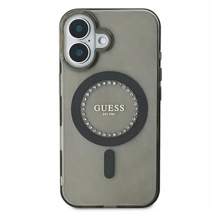 Guess IML Rhinestones Magnētiskais viedtālruņa apvalks iPhone 16 - melns