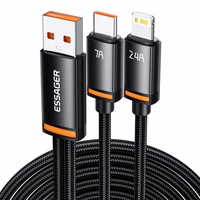 USB Kabelis Essager "Triple" 3in1 melns "USB / Type-C / Lightning" 100cm