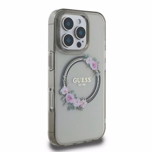 Guess IML Ziedu vainaga Magnētiskais viedtālruņa apvalks iPhone 16 Pro - melns