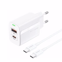 FONENG tīkla lādētājs EU66 PD 20W 1xUSB-C + 1xUSB QC3.0 + kabelis USB-C - USB-C balts