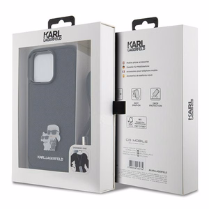 Karl Lagerfeld krustveida Saffiano metāla piespraude Karl & Choupette viedtālruņa apvalks iPhone 15 Pro Max - melns
