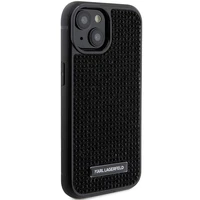 Karl Lagerfeld Rhinestone logotips metāla plāksne apvalks iPhone 15 - melns