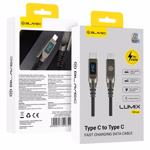 Blavec Lumix braided cable - Type-C to Type-C - PD 240W 5A LED display 1.2 m Apple CarPlay/Android Auto (CLU-CC5BG12) black-gray