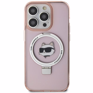 Karl Lagerfeld KLHMP15LHMRSCHP iPhone 15 Pro 6.1" rozā/rozā cietais apvalks ar gredzena statīvu Choupette Galva Magnētiskais