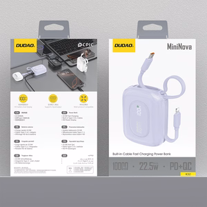 Dudao K32 22.5W 10000 mAh павербанк со встроенным кабелем USB-C / Lightning - фиолетовый