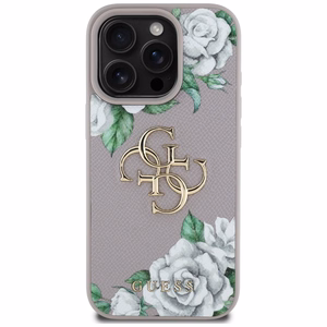 Guess Grained Roses Big 4G Logo viedtālruņa apvalks iPhone 16 Pro Max - violets