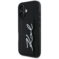 Karl Lagerfeld HC Graudēts PU Kartes Slēdzis Metal Signature iPhone 16 apvalks - melns