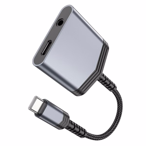 Adapteris AUX 2in1 USB C uz USB C / Jack 3,5 mm Hoco 27W LS39 pelēks