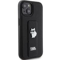 Karl Lagerfeld Gripstand Saffiano Choupette Pins apvalks viedtālrunim iPhone 15 Plus / 14 Plus - melns